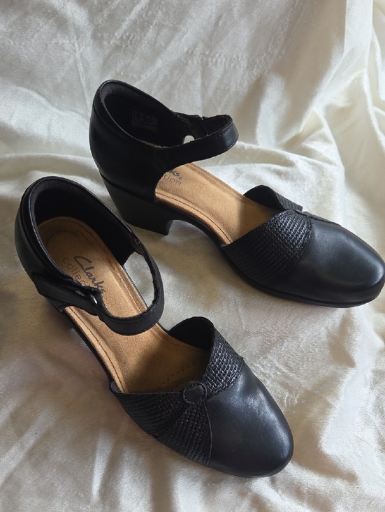 Clarks Shoes - Clarks Black Leather Ankle-Strap Heels with Textured Vamp